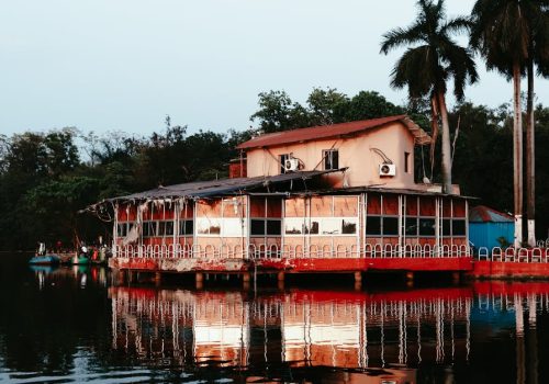 Beautiful lakeside house reflecting in water at Bokaro Steel City, India.